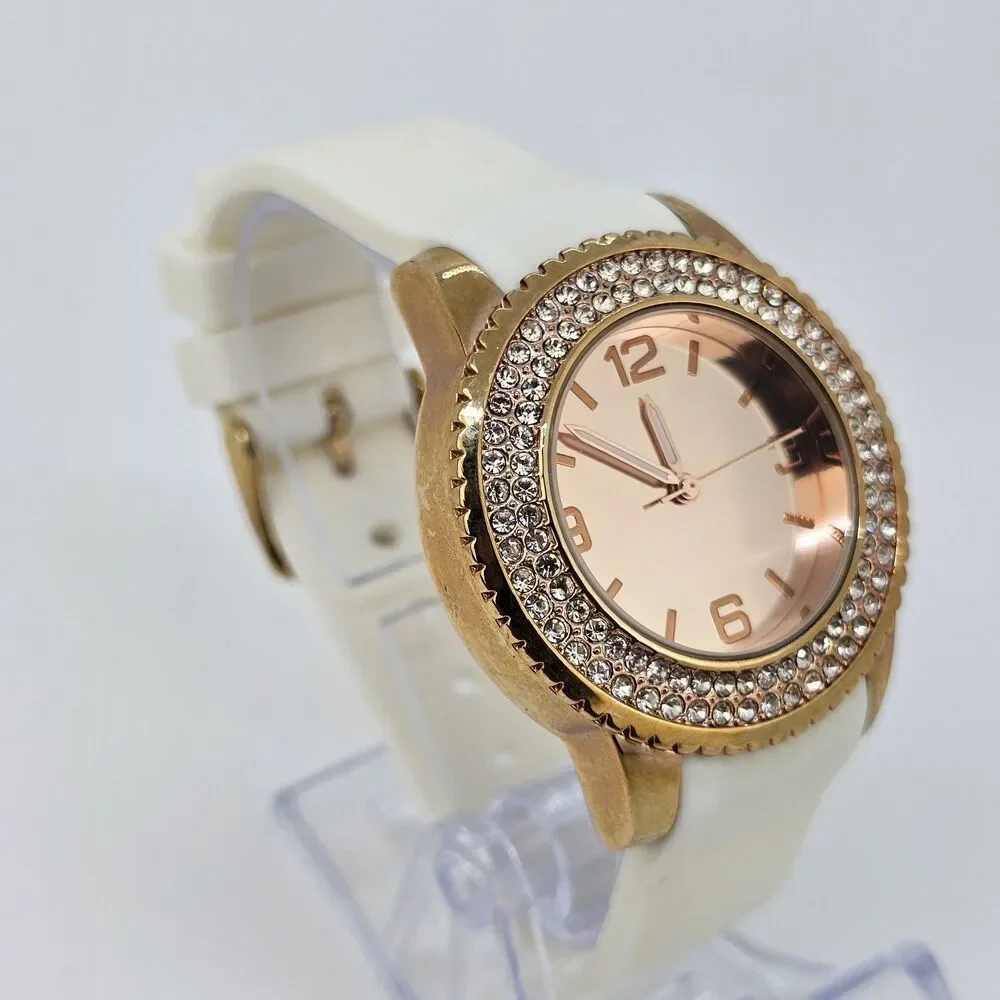 Women's Watch 39MM Gold Dial Case Crystal Bezel White Plastic Bands New‎ Battery